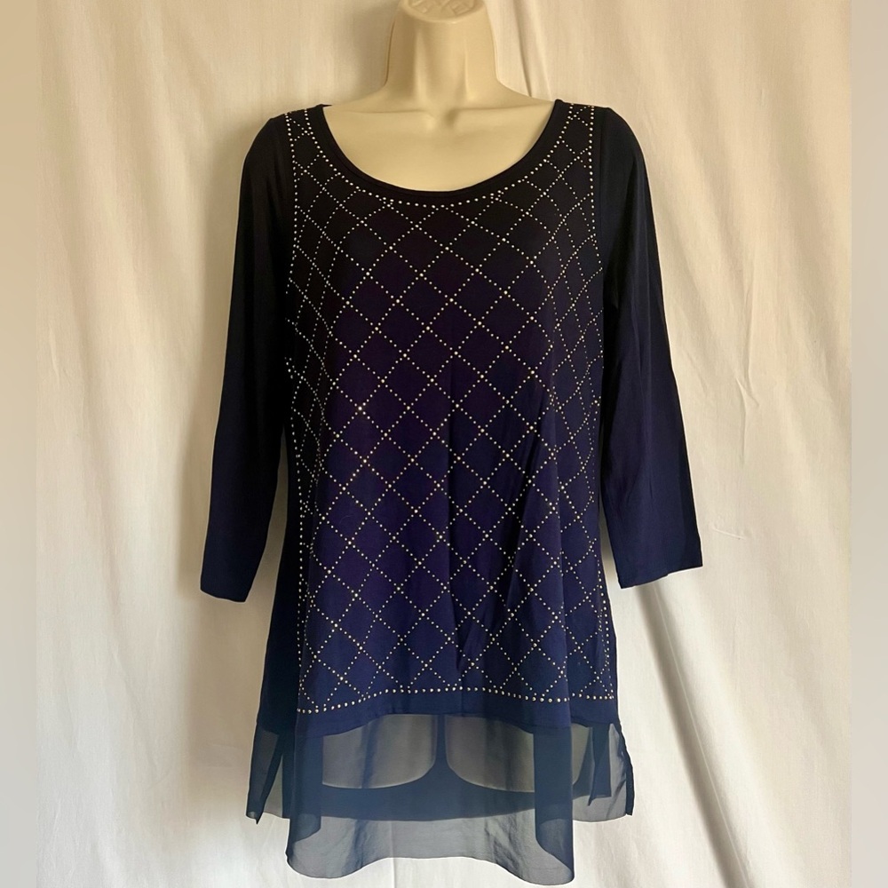 Belldini Midnight Blue and Gold Rhinestone Embellished Blouse